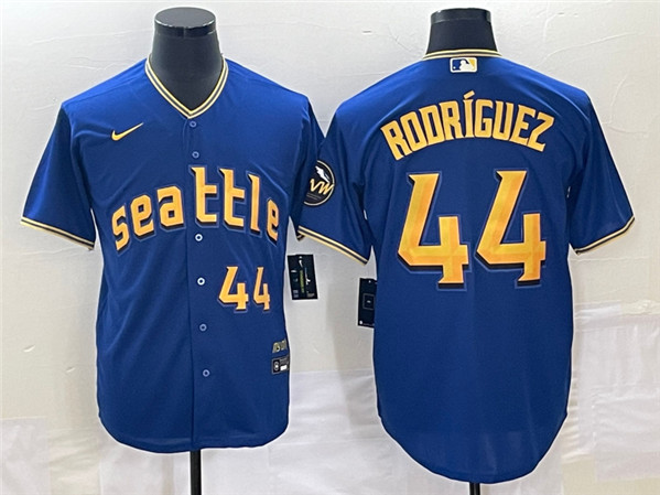 Men's Seattle Mariners #44 Julio Rodriguez Royal 2023 City Connect Cool Base With Patch Stitched Baseball Jersey